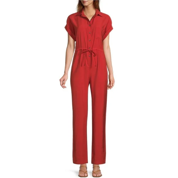 Antonio Melani Aubrey Point Collar Short Roll Sleeve Button Front Tie  Jumpsuit